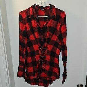 Red and Black Plaid Lace-Up Shirt